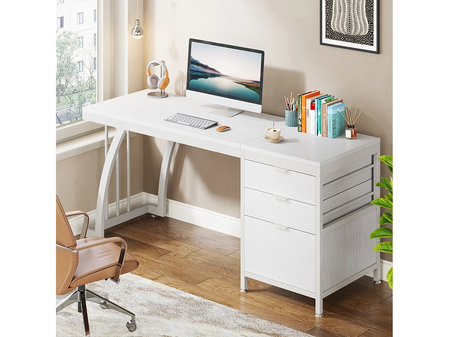 Biurko komputerowe z 3 szufladami 150 cm z odwracalnymi szufladami (białe)