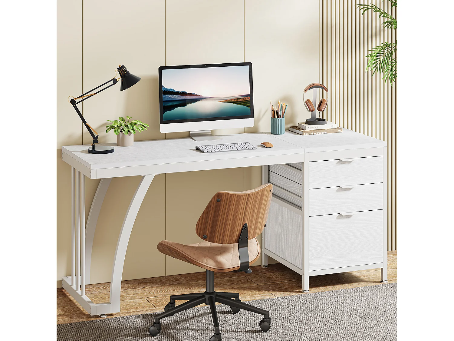 Biurko komputerowe z 3 szufladami 150 cm z odwracalnymi szufladami (białe)