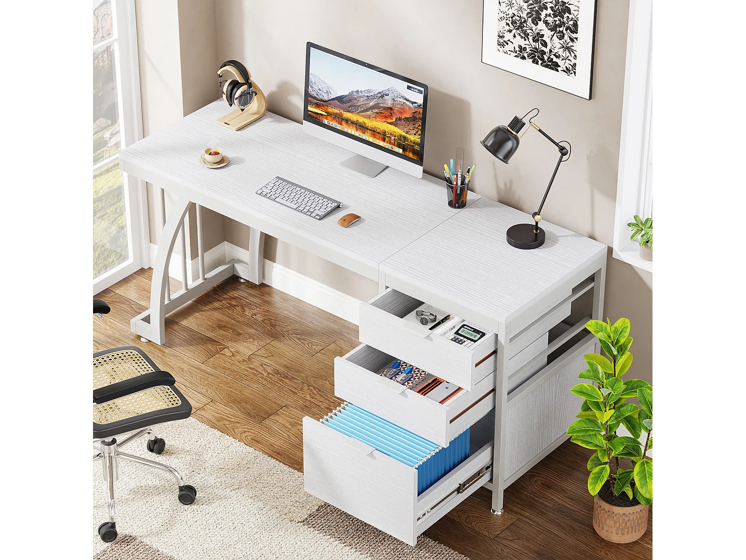 Biurko komputerowe z 3 szufladami 150 cm z odwracalnymi szufladami (białe)