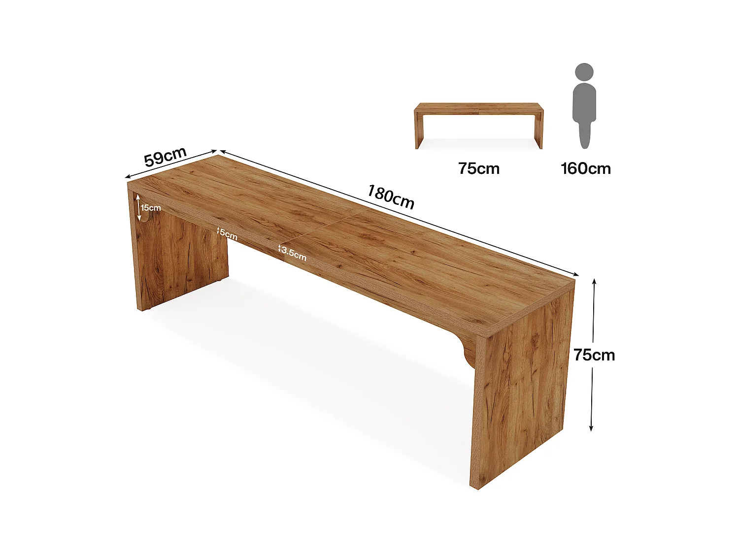 Bureau d'ordinateur de 180 cm de long, bureau extra long en bois pour poste de travail