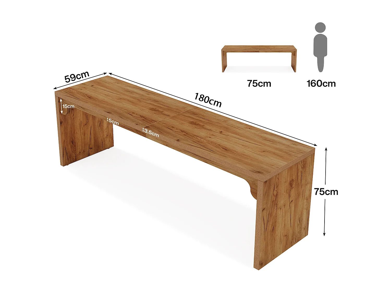 Bureau d'ordinateur de 180 cm de long, bureau extra long en bois pour poste de travail