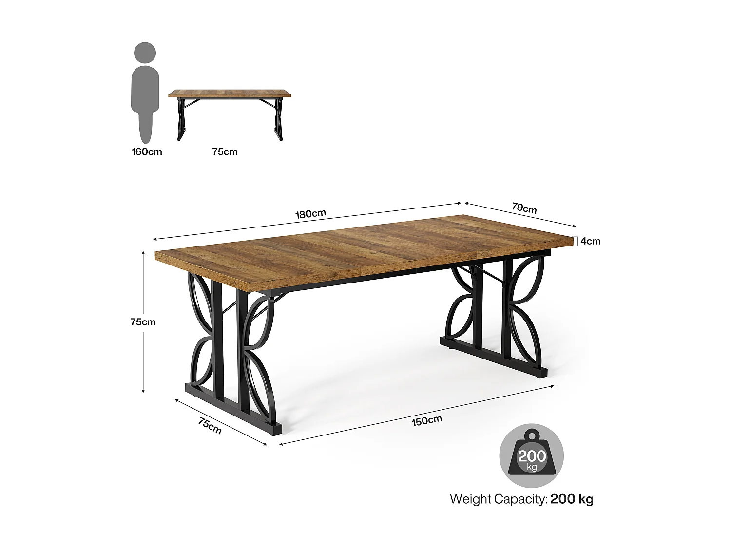 Bureau de direction 180 cm, grand bureau d'ordinateur avec structure métallique robuste