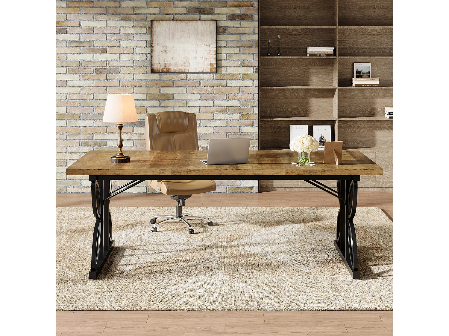 Bureau de direction 180 cm, grand bureau d'ordinateur avec structure métallique robuste