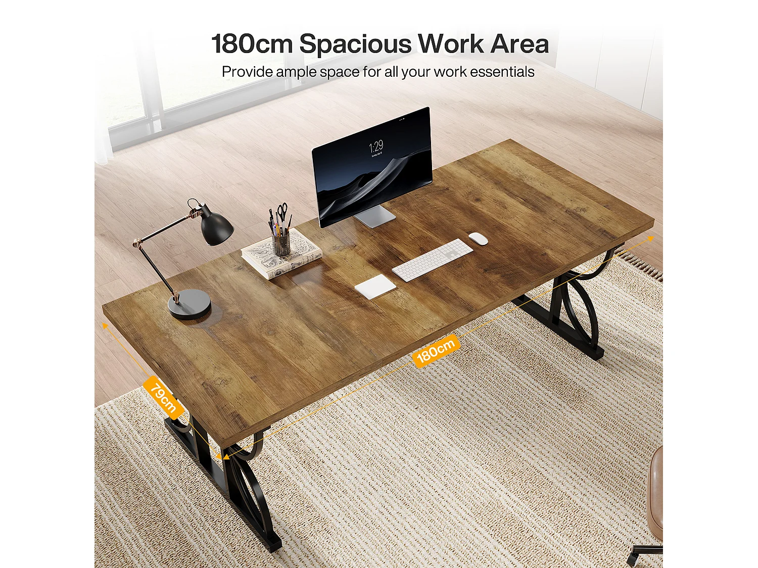 Bureau de direction 180 cm, grand bureau d'ordinateur avec structure métallique robuste