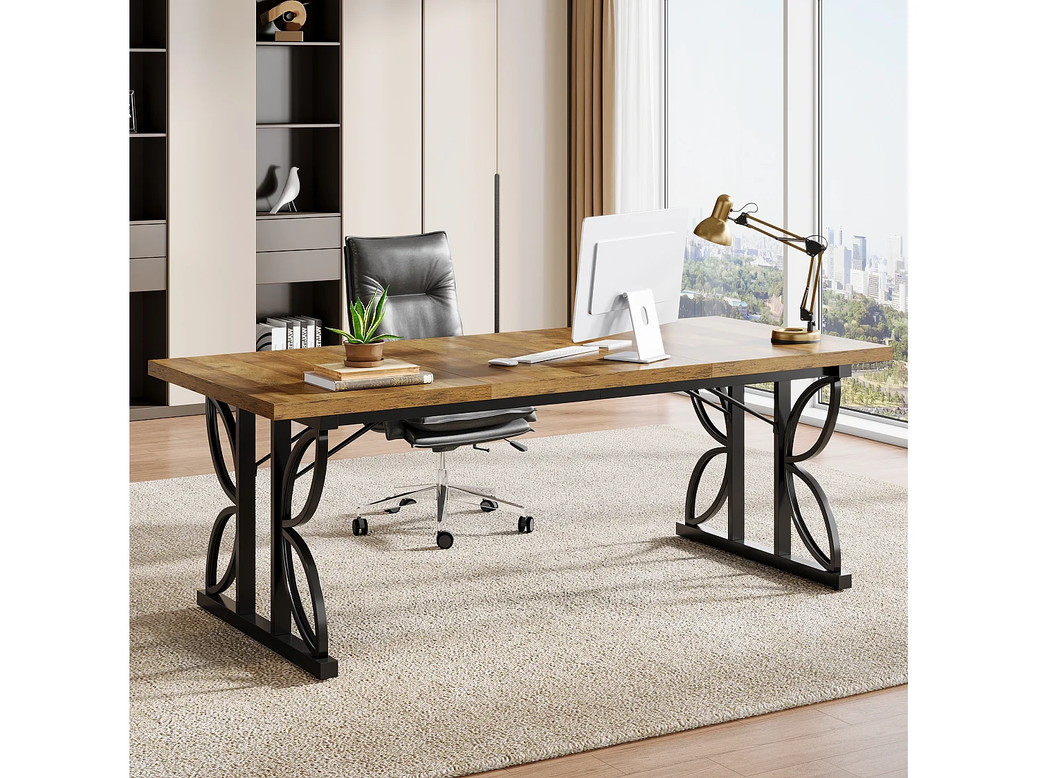 Bureau de direction 180 cm, grand bureau d'ordinateur avec structure métallique robuste