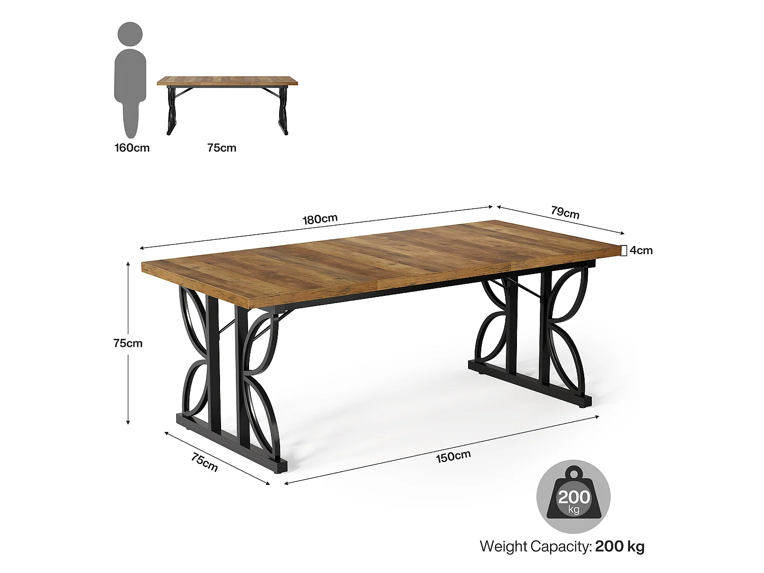 Bureau de direction 180 cm, grand bureau d'ordinateur avec structure métallique robuste