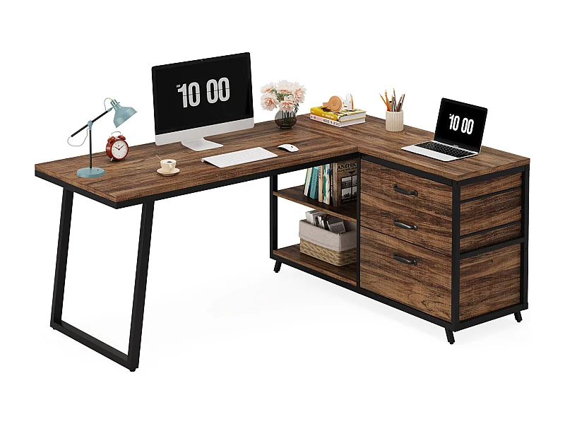 Bureau d'ordinateur en forme de L avec 3 tiroirs, marron rustique
