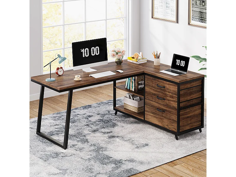 Bureau d'ordinateur en forme de L avec 3 tiroirs, marron rustique