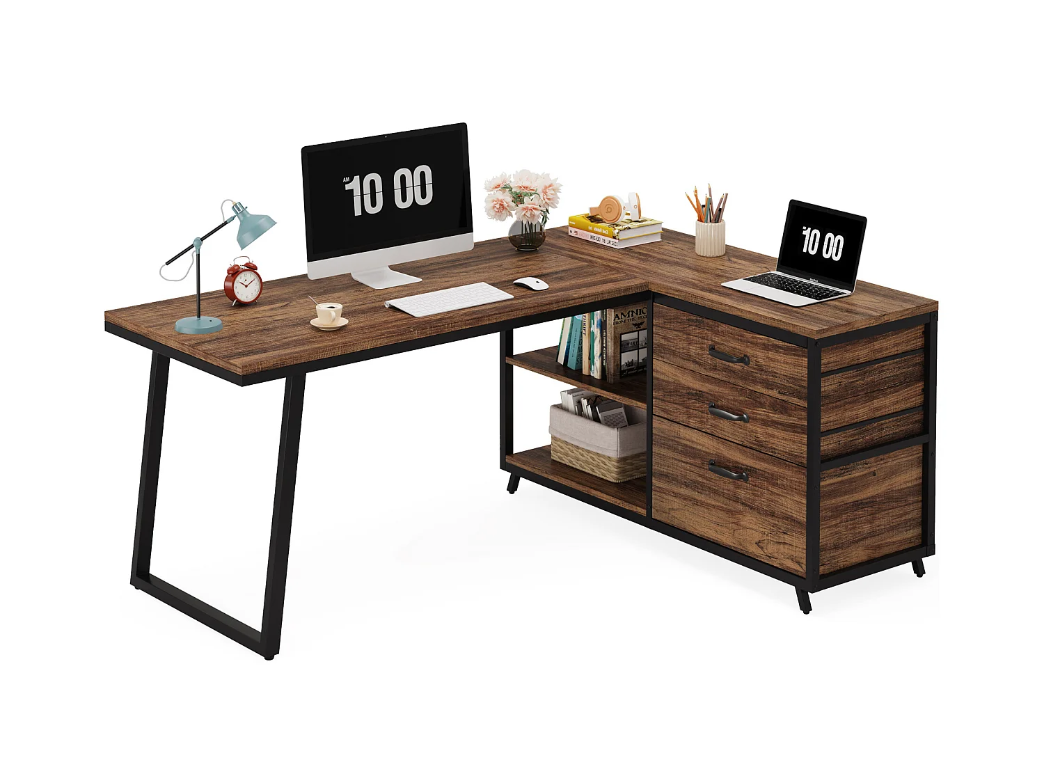 Bureau d'ordinateur en forme de L avec 3 tiroirs, marron rustique