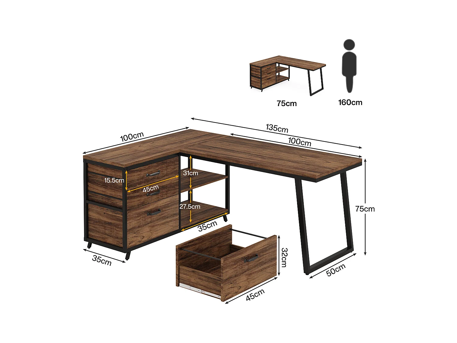 Bureau d'ordinateur en forme de L avec 3 tiroirs, marron rustique