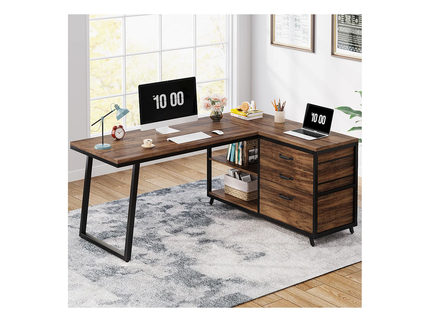 Bureau d'ordinateur en forme de L avec 3 tiroirs, marron rustique