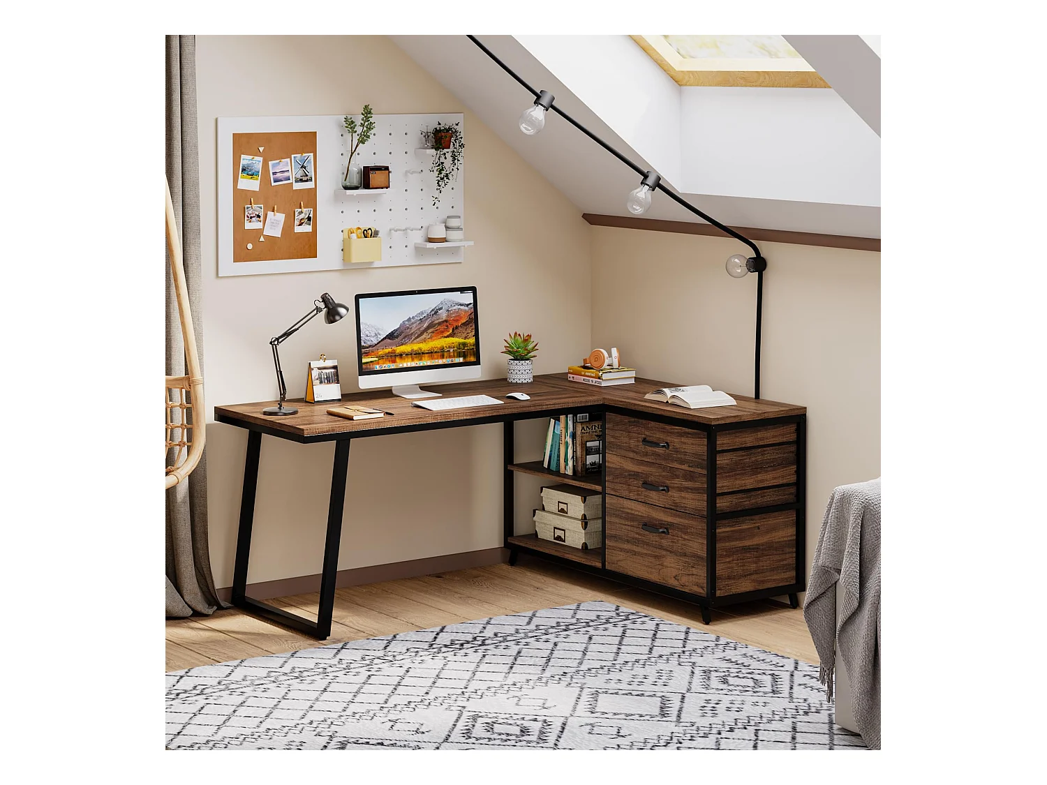 Bureau d'ordinateur en forme de L avec 3 tiroirs, marron rustique