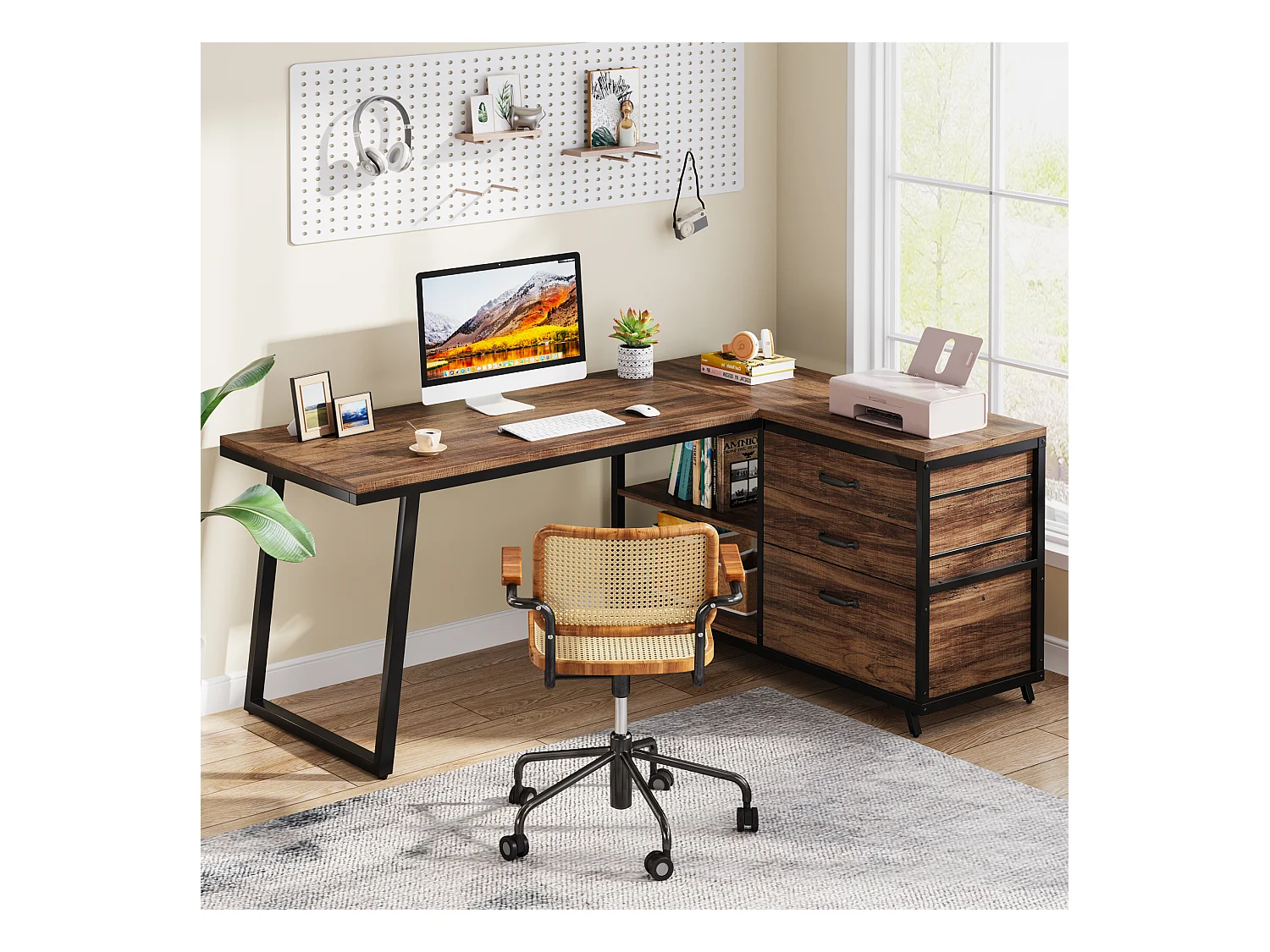 Bureau d'ordinateur en forme de L avec 3 tiroirs, marron rustique