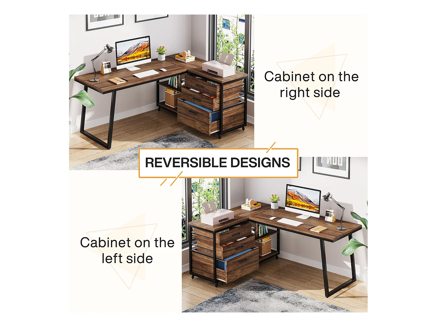 Bureau d'ordinateur en forme de L avec 3 tiroirs, marron rustique