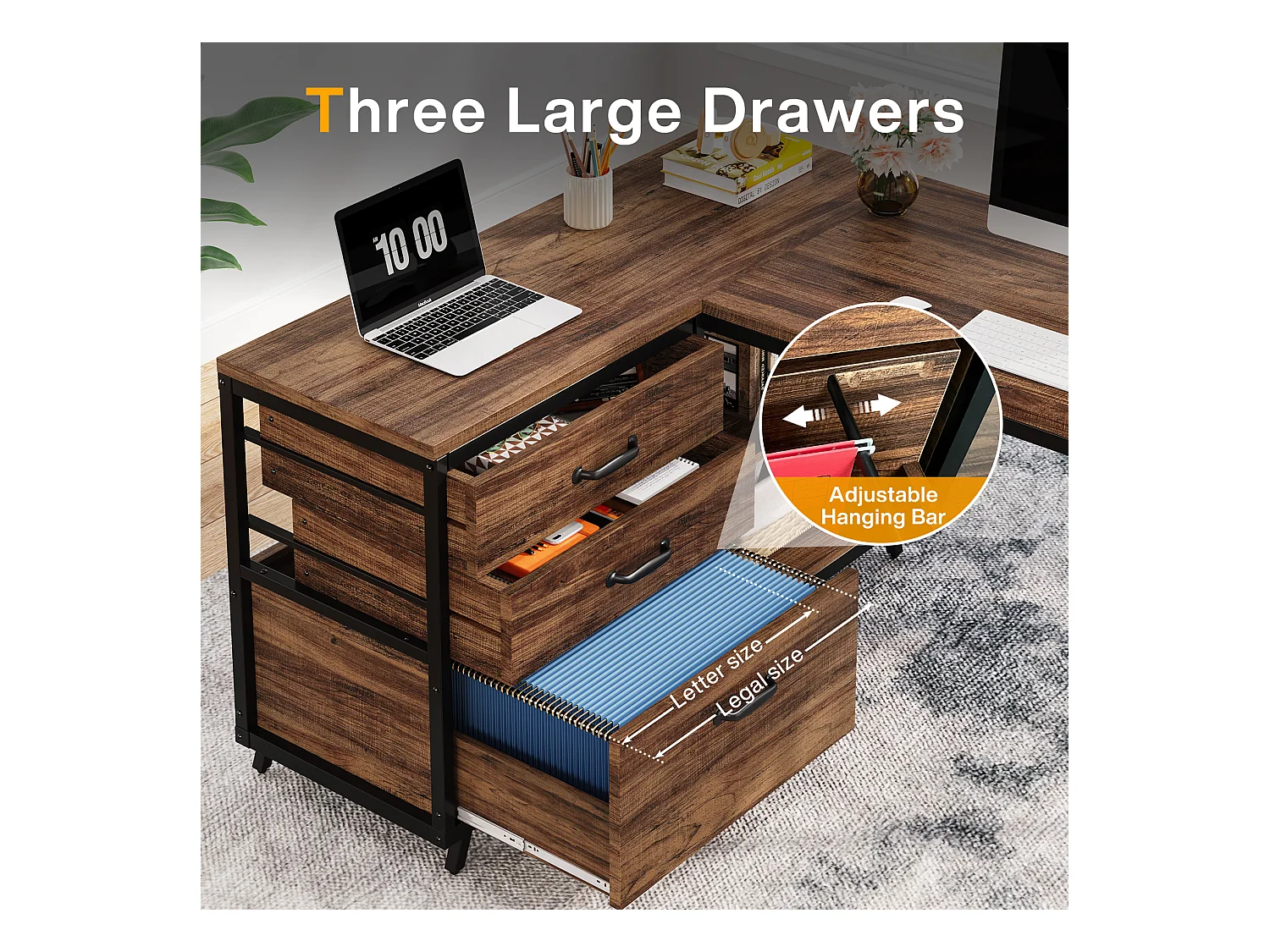 Bureau d'ordinateur en forme de L avec 3 tiroirs, marron rustique