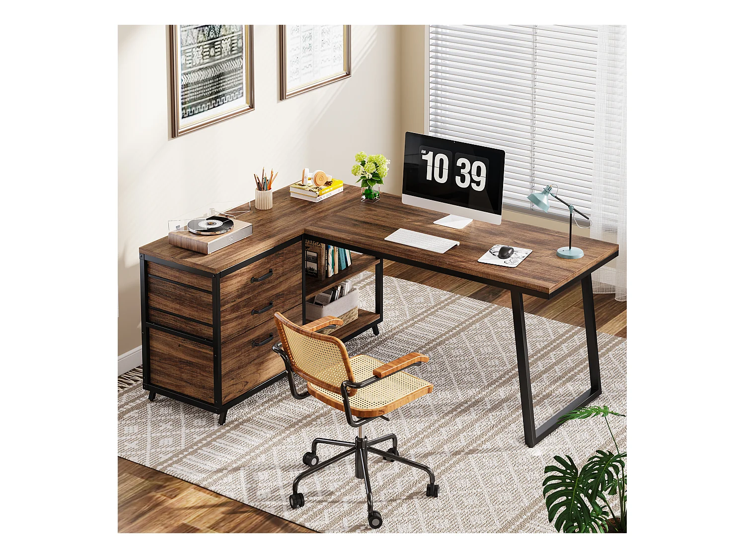 Bureau d'ordinateur en forme de L avec 3 tiroirs, marron rustique