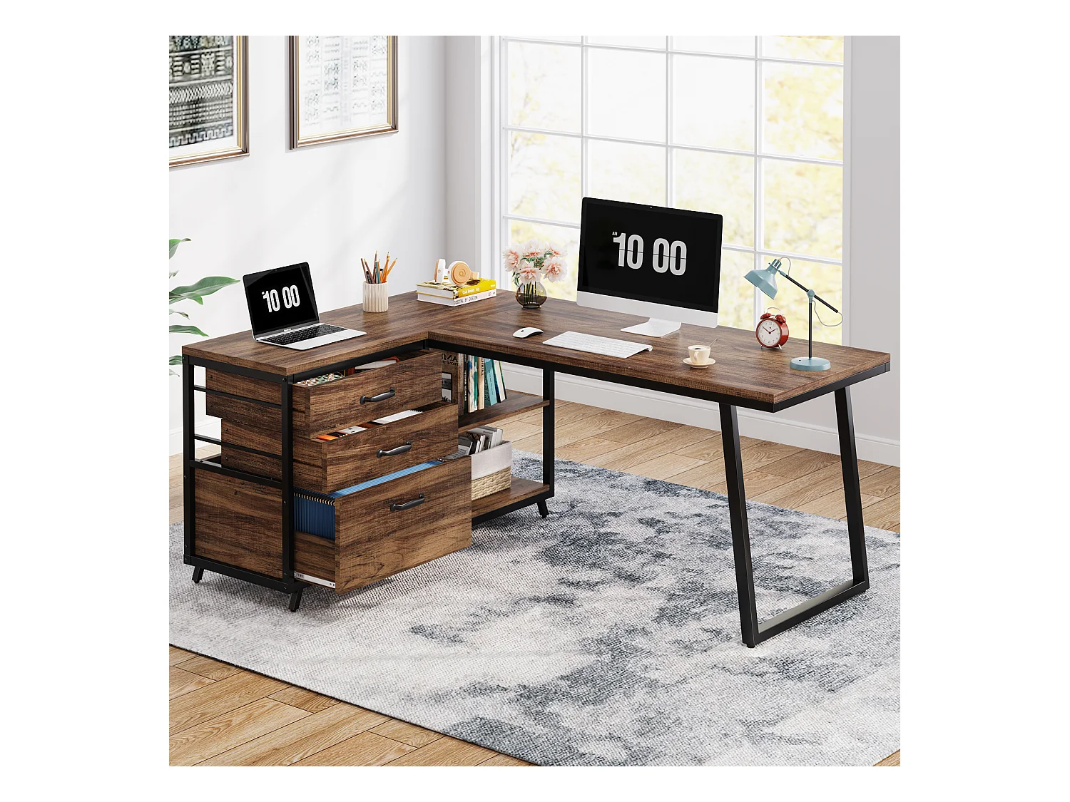 Bureau d'ordinateur en forme de L avec 3 tiroirs, marron rustique