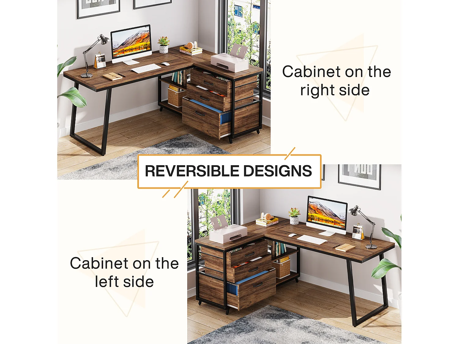 Bureau d'ordinateur en forme de L avec 3 tiroirs, marron rustique