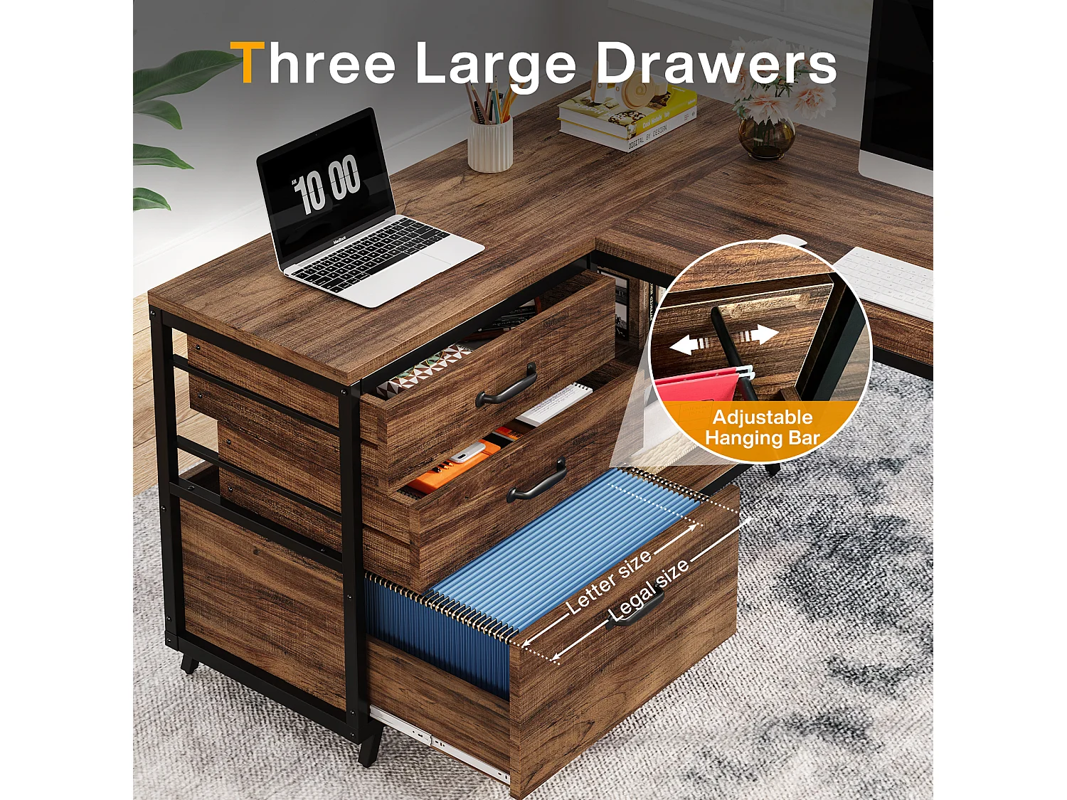 Bureau d'ordinateur en forme de L avec 3 tiroirs, marron rustique