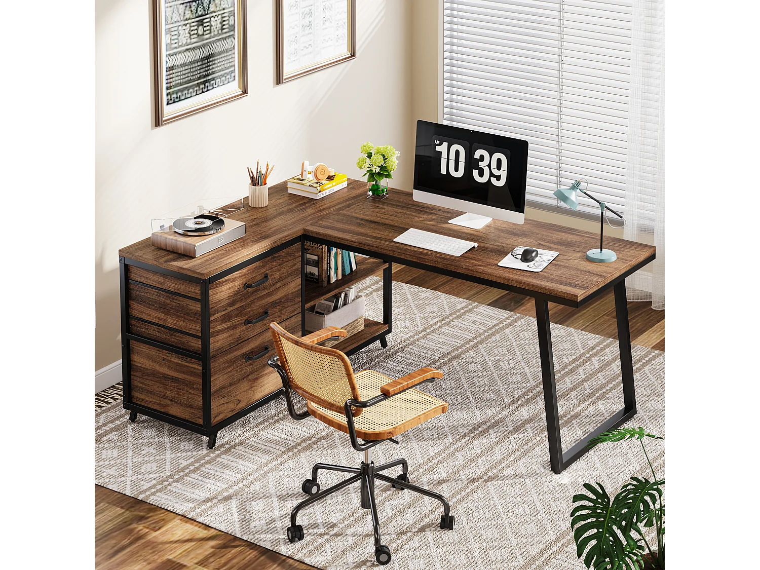 Bureau d'ordinateur en forme de L avec 3 tiroirs, marron rustique