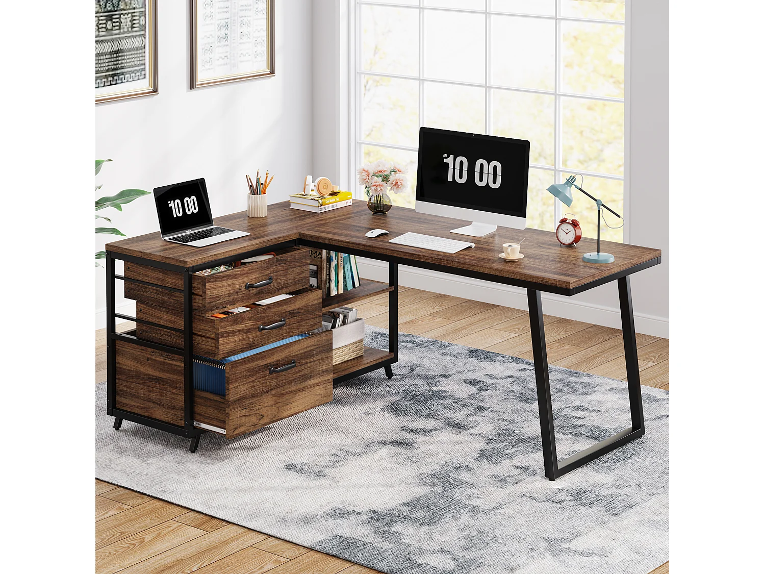 Bureau d'ordinateur en forme de L avec 3 tiroirs, marron rustique