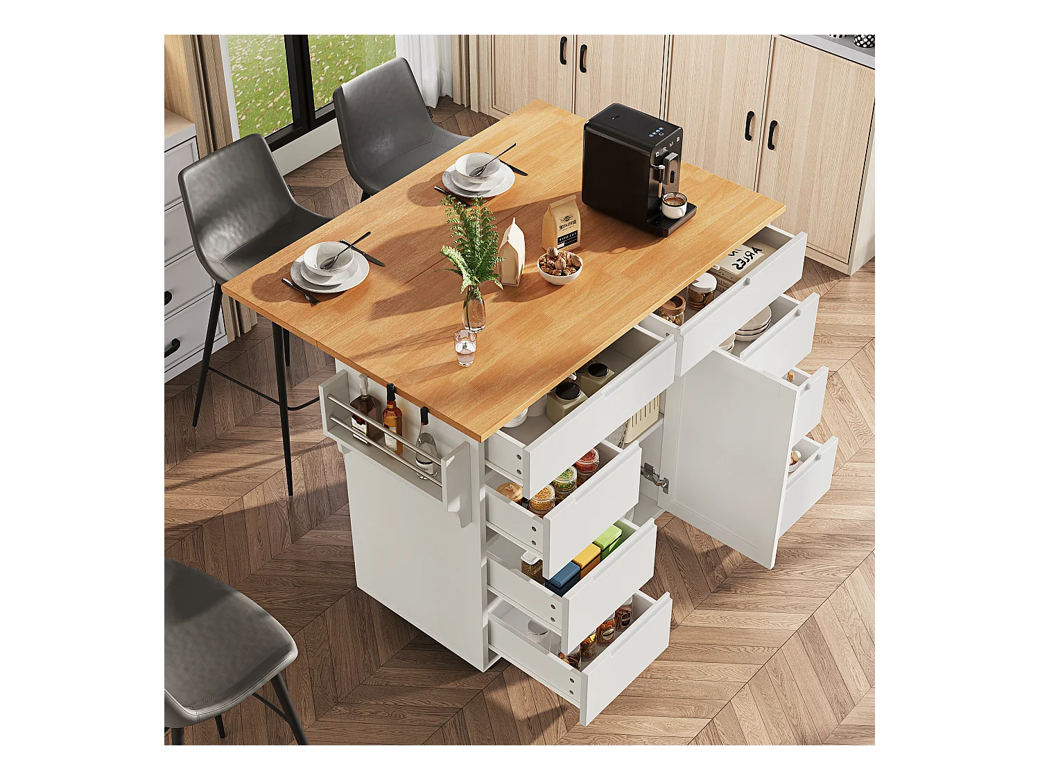 Îlot de cuisine à roulettes - 122 x 40 x 91.5 cm - chariot de cuisine extensibleet + 8 tiroirs - MDF - blanc