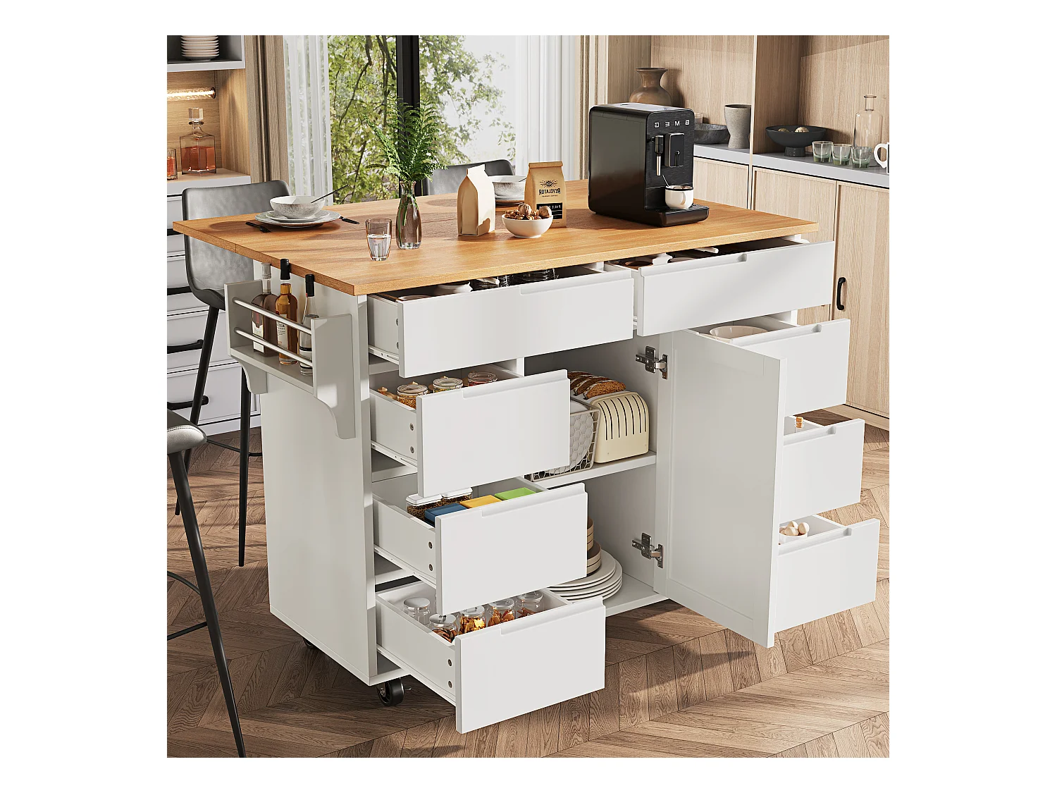 Îlot de cuisine à roulettes - 122 x 40 x 91.5 cm - chariot de cuisine extensibleet + 8 tiroirs - MDF - blanc