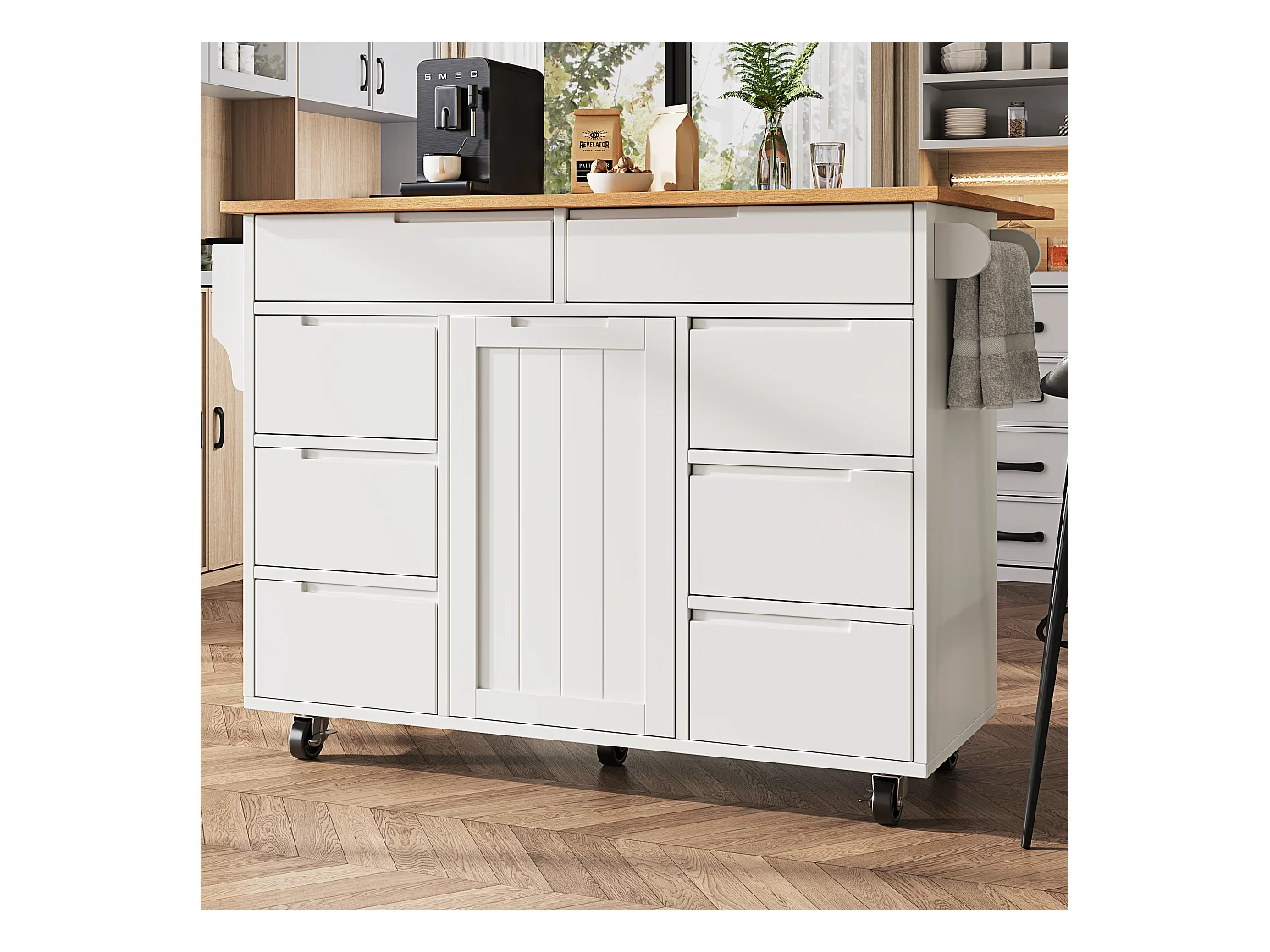 Îlot de cuisine à roulettes - 122 x 40 x 91.5 cm - chariot de cuisine extensibleet + 8 tiroirs - MDF - blanc