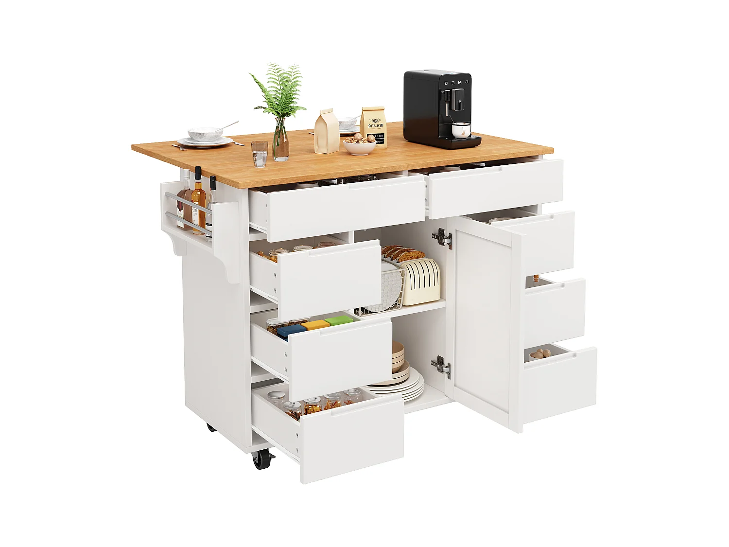 Îlot de cuisine à roulettes - 122 x 40 x 91.5 cm - chariot de cuisine extensibleet + 8 tiroirs - MDF - blanc