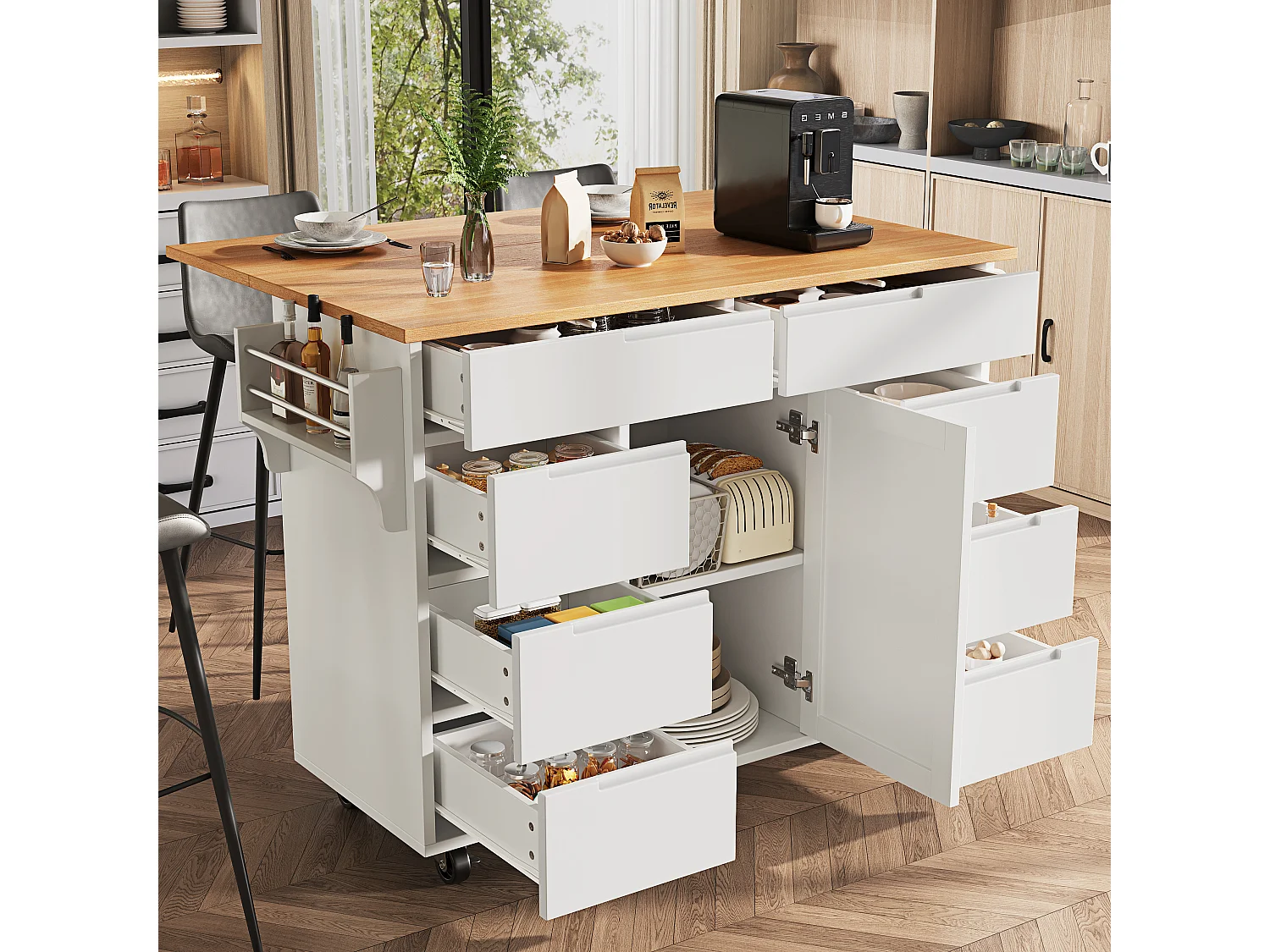 Îlot de cuisine à roulettes - 122 x 40 x 91.5 cm - chariot de cuisine extensibleet + 8 tiroirs - MDF - blanc