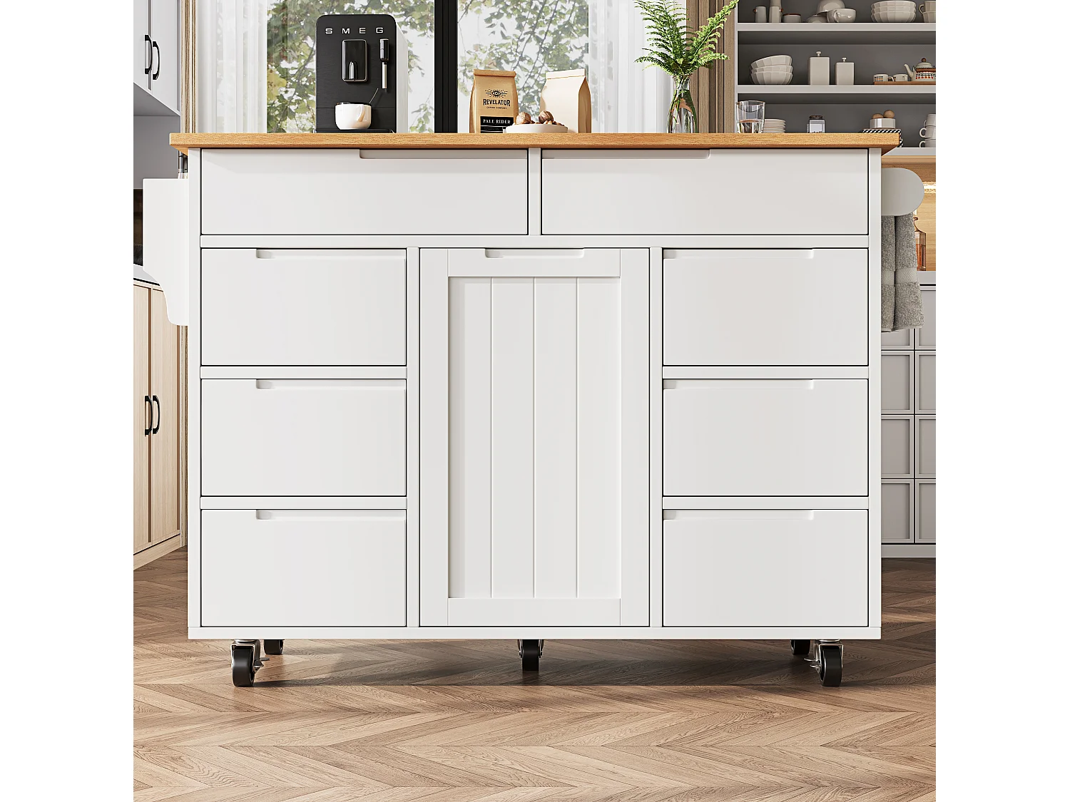 Îlot de cuisine à roulettes - 122 x 40 x 91.5 cm - chariot de cuisine extensibleet + 8 tiroirs - MDF - blanc