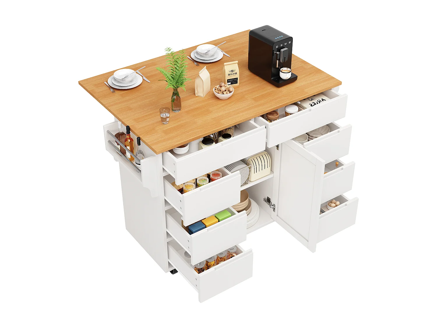 Îlot de cuisine à roulettes - 122 x 40 x 91.5 cm - chariot de cuisine extensibleet + 8 tiroirs - MDF - blanc