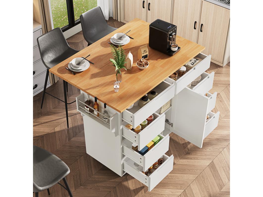 Wyspa kuchenna na kółkach - 122 x 40 x 91,5 cm - rozkładany wózek kuchenny + 8 szuflad - MDF - biały