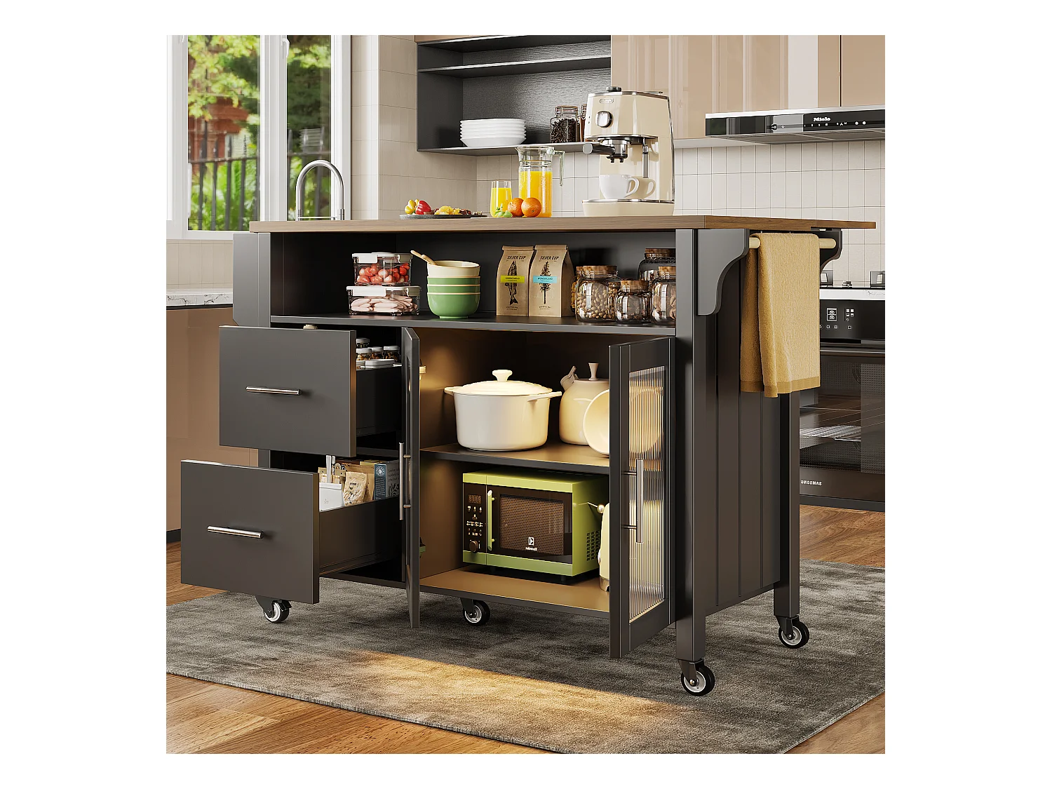 Kücheninsel auf Rollen - 139 x 40 x 94,5 - mit 2 Schubladen + 2 Türen + LEDs - MDF + Metall - weiß