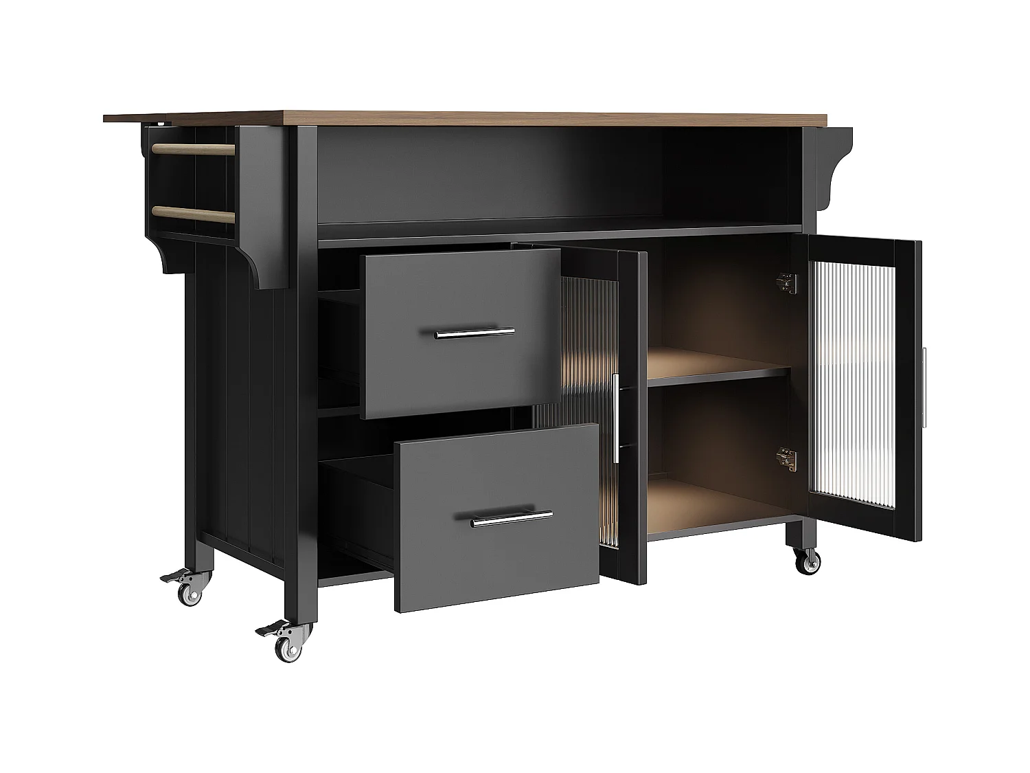 Kücheninsel auf Rollen - 139 x 40 x 94,5 - mit 2 Schubladen + 2 Türen + LEDs - MDF + Metall - weiß