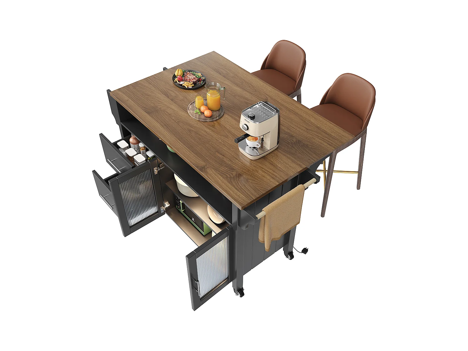 Kücheninsel auf Rollen - 139 x 40 x 94,5 - mit 2 Schubladen + 2 Türen + LEDs - MDF + Metall - weiß