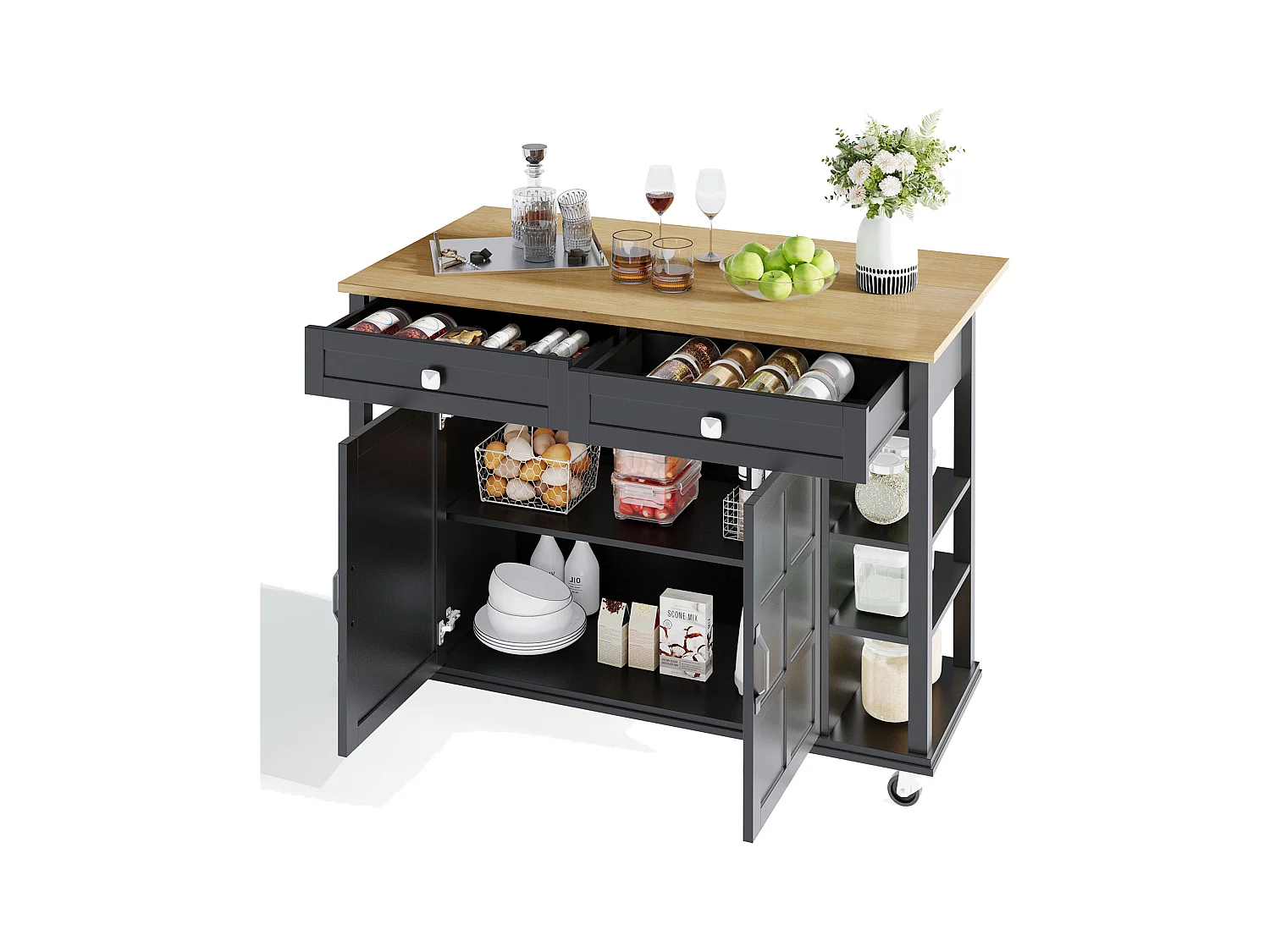 Îlot de cuisine à roulettes - 120 x 40 x 89 -  avec plan rabattable extensible + 2 tiroirs + 2 portes - MDF - noir