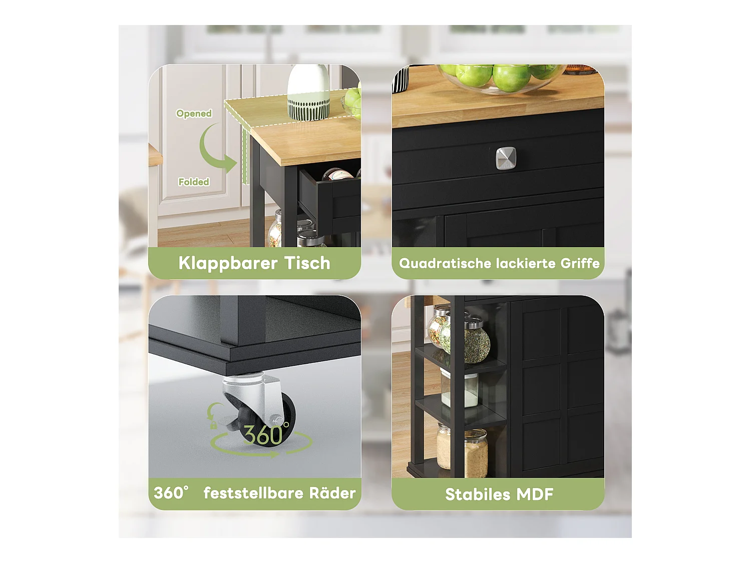 Îlot de cuisine à roulettes - 120 x 40 x 89 -  avec plan rabattable extensible + 2 tiroirs + 2 portes - MDF - noir