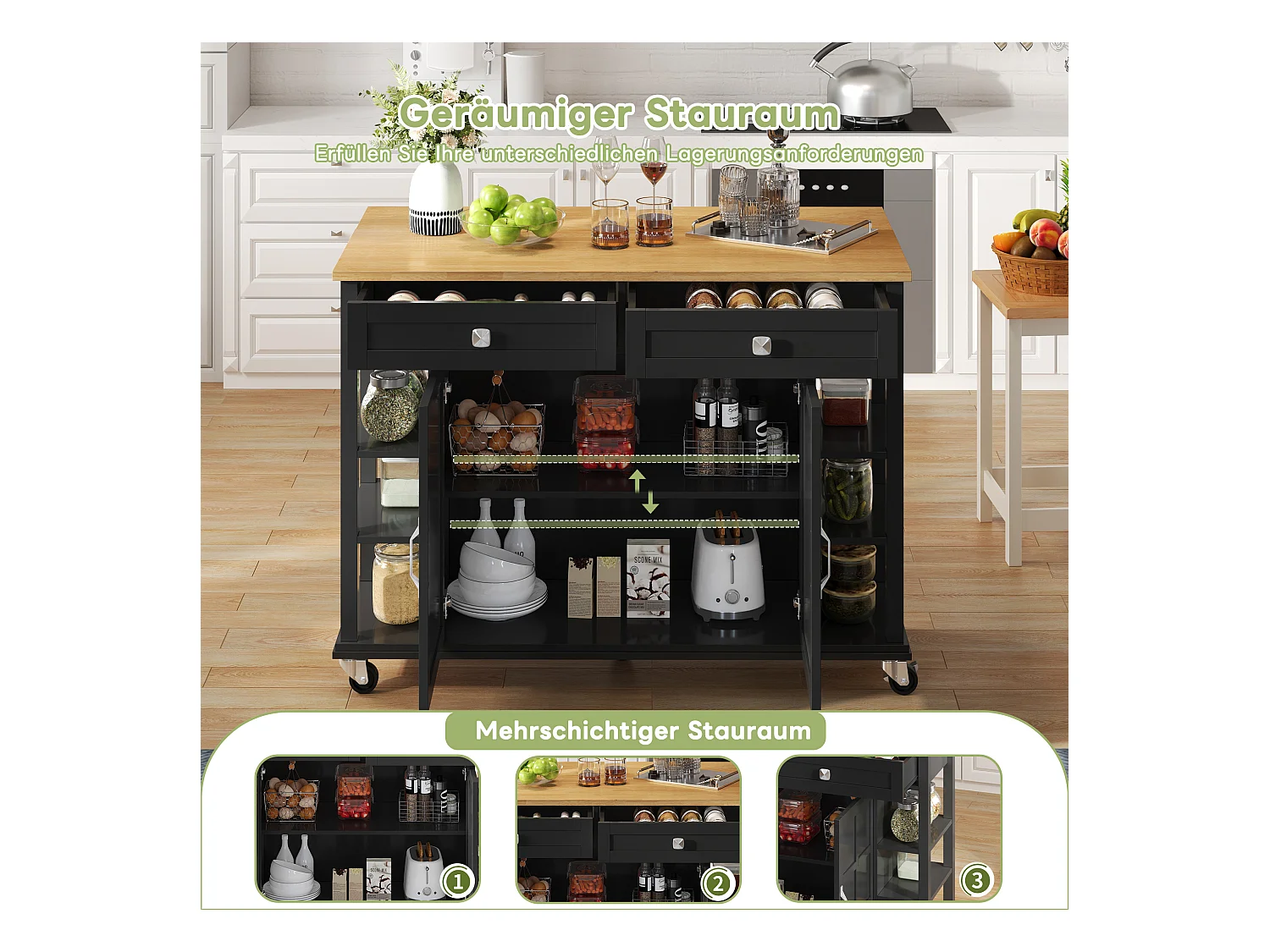 Îlot de cuisine à roulettes - 120 x 40 x 89 -  avec plan rabattable extensible + 2 tiroirs + 2 portes - MDF - noir