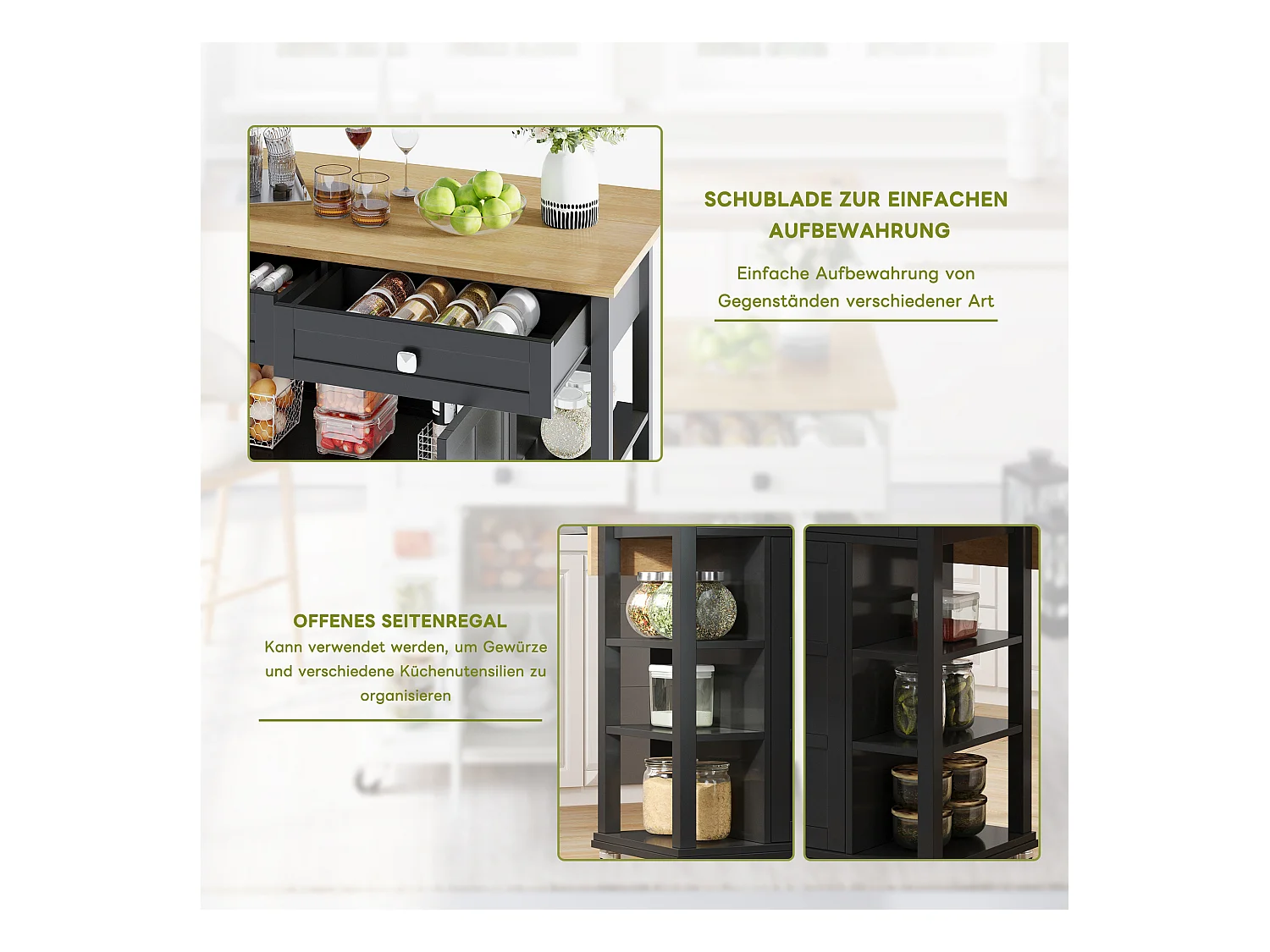 Îlot de cuisine à roulettes - 120 x 40 x 89 -  avec plan rabattable extensible + 2 tiroirs + 2 portes - MDF - noir