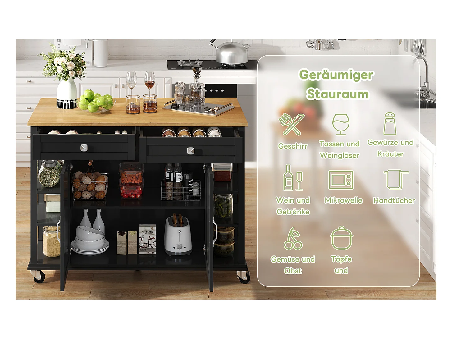 Îlot de cuisine à roulettes - 120 x 40 x 89 -  avec plan rabattable extensible + 2 tiroirs + 2 portes - MDF - noir