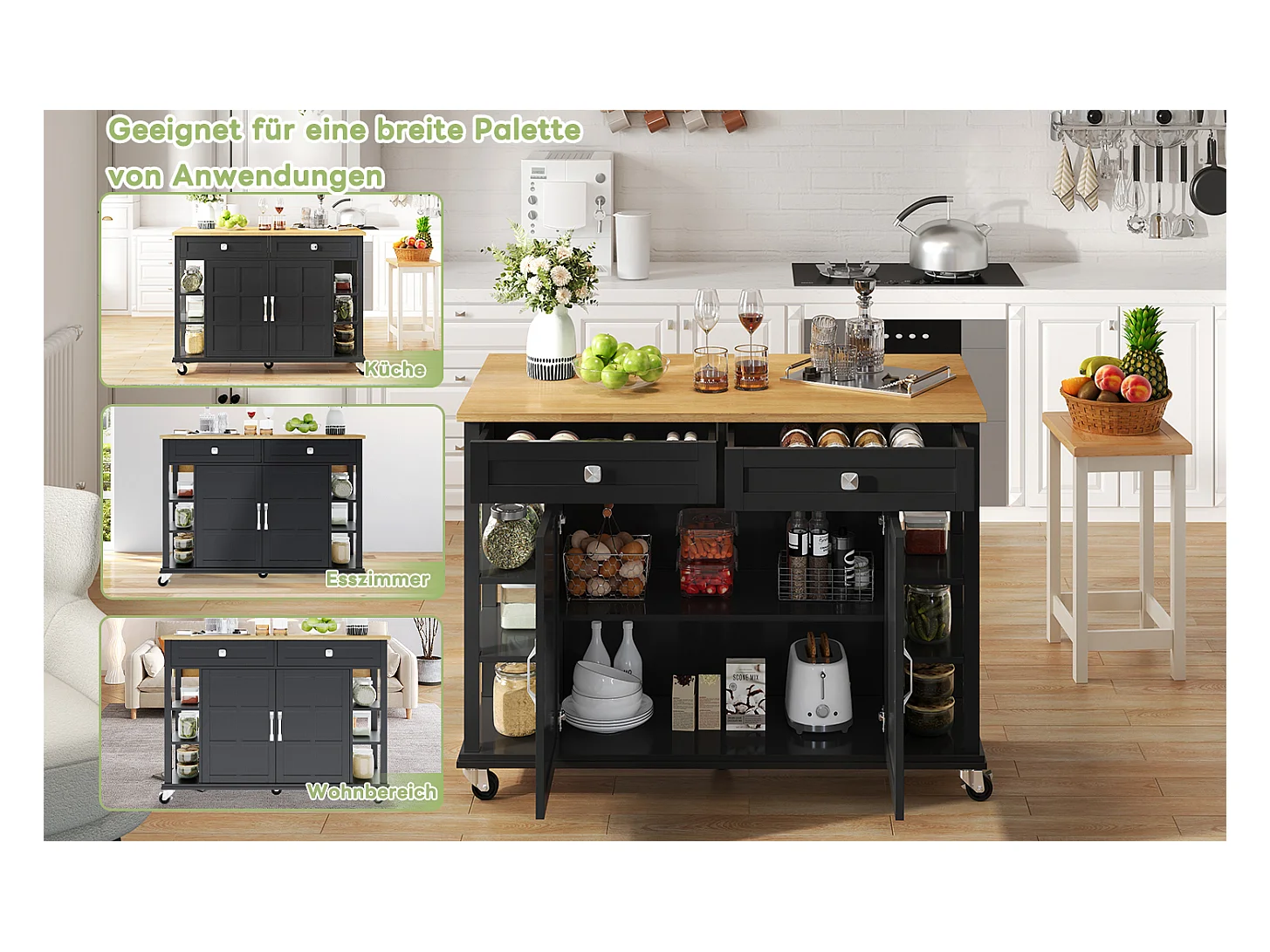 Îlot de cuisine à roulettes - 120 x 40 x 89 -  avec plan rabattable extensible + 2 tiroirs + 2 portes - MDF - noir