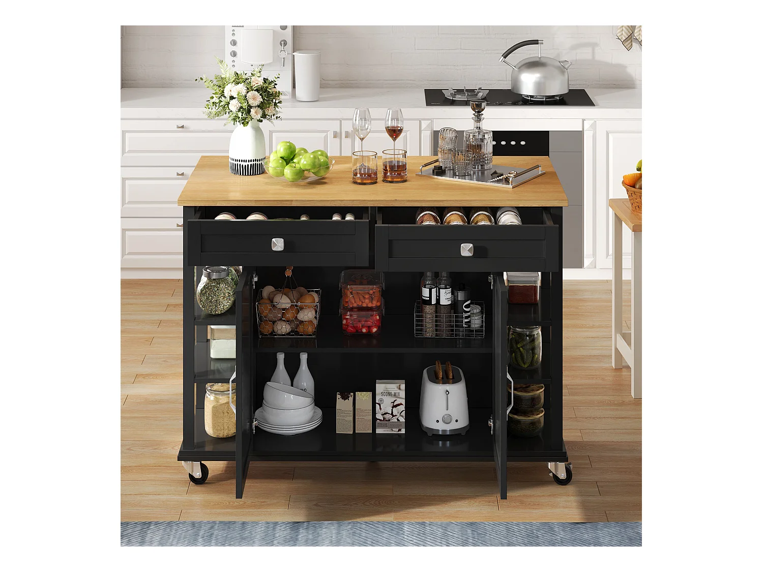 Îlot de cuisine à roulettes - 120 x 40 x 89 -  avec plan rabattable extensible + 2 tiroirs + 2 portes - MDF - noir