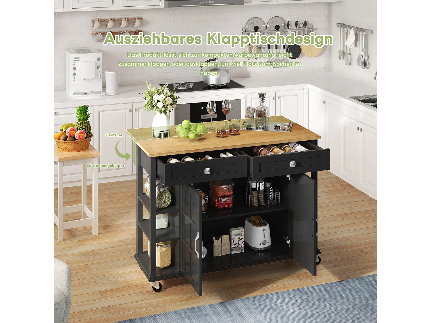 Îlot de cuisine à roulettes - 120 x 40 x 89 -  avec plan rabattable extensible + 2 tiroirs + 2 portes - MDF - noir