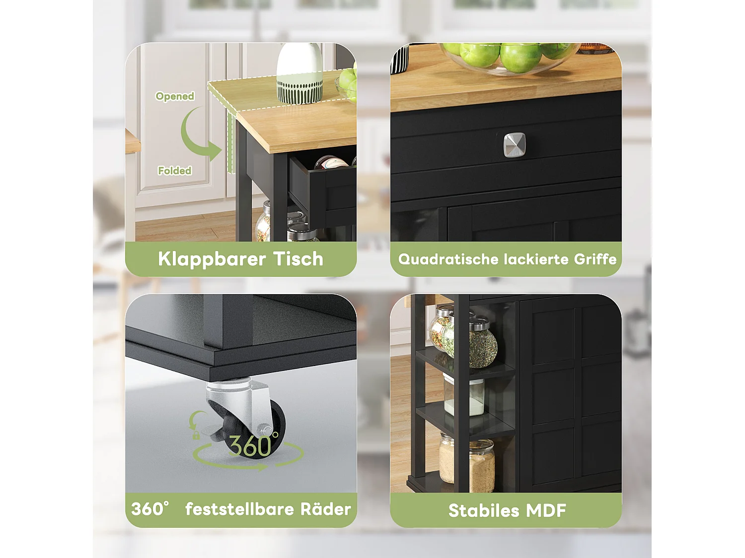 Îlot de cuisine à roulettes - 120 x 40 x 89 -  avec plan rabattable extensible + 2 tiroirs + 2 portes - MDF - noir