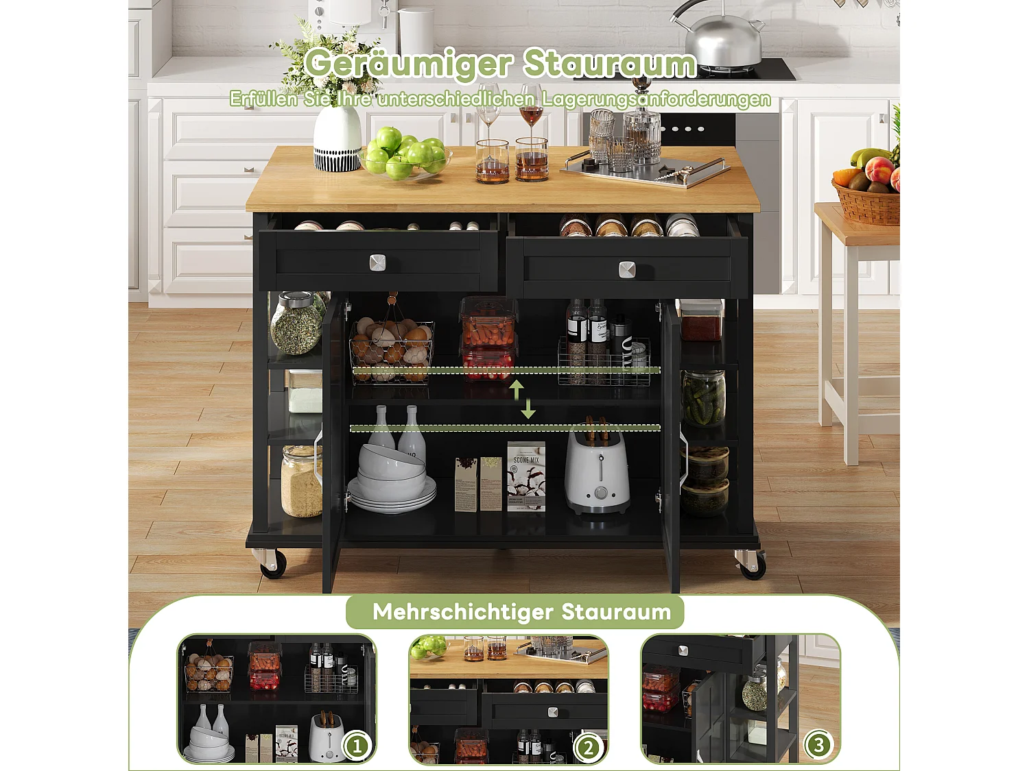 Îlot de cuisine à roulettes - 120 x 40 x 89 -  avec plan rabattable extensible + 2 tiroirs + 2 portes - MDF - noir