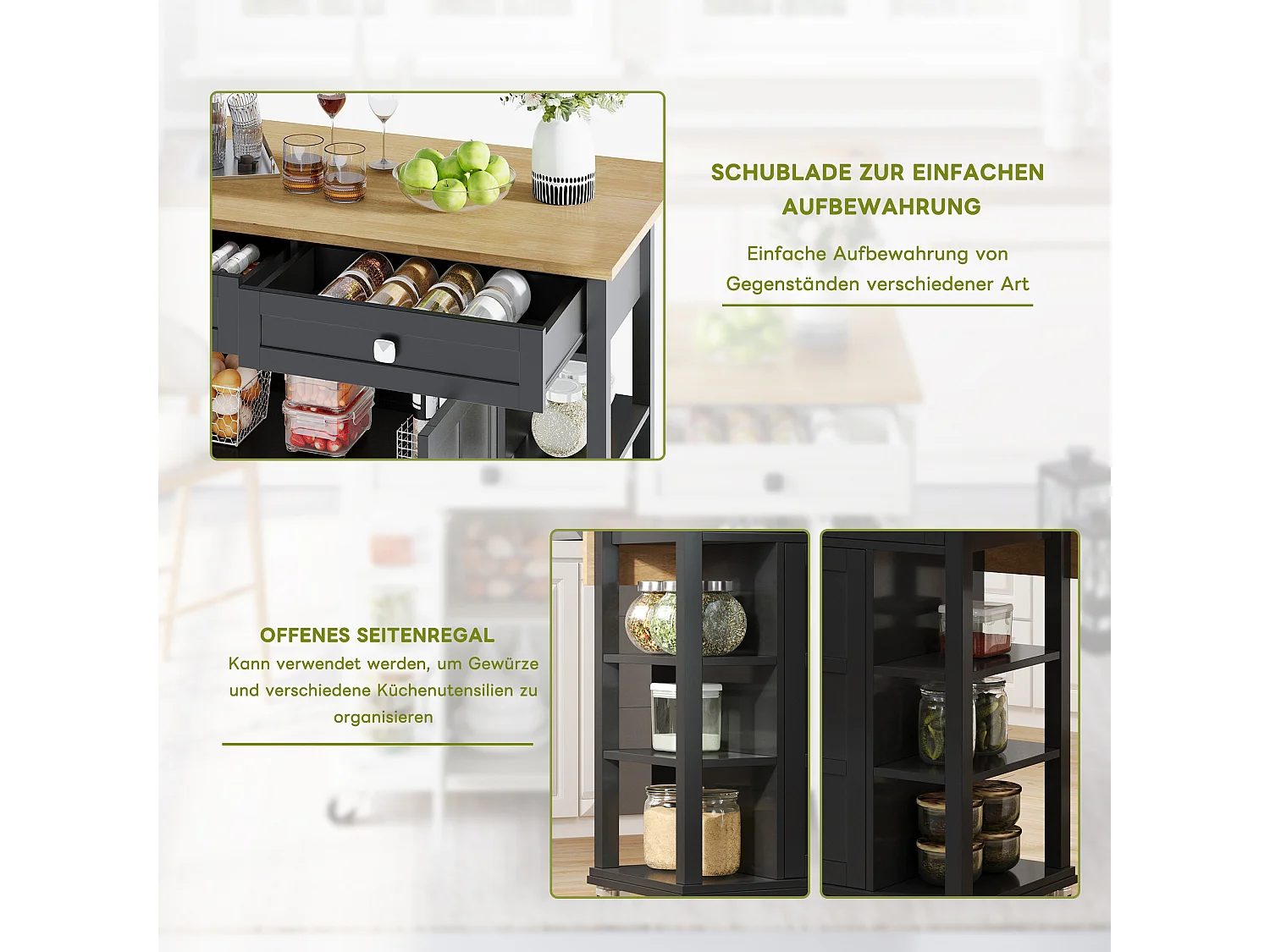 Îlot de cuisine à roulettes - 120 x 40 x 89 -  avec plan rabattable extensible + 2 tiroirs + 2 portes - MDF - noir