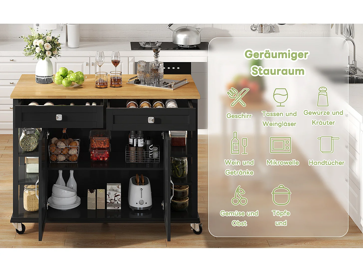 Îlot de cuisine à roulettes - 120 x 40 x 89 -  avec plan rabattable extensible + 2 tiroirs + 2 portes - MDF - noir