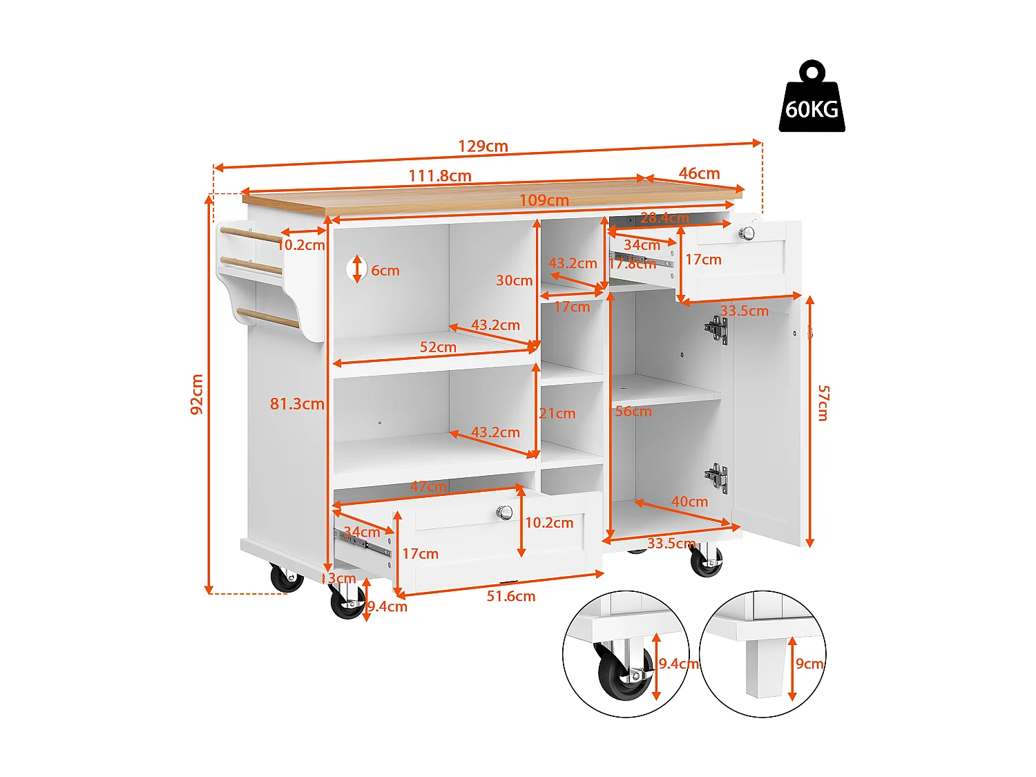 Îlot de cuisine à roulettes - 129 x 46 x 92 cm -  avec 2 tiroirs + armoires de rangement + 1 porte - MDF - blanc