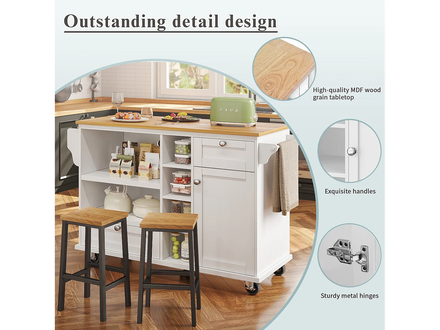 Îlot de cuisine à roulettes - 129 x 46 x 92 cm -  avec 2 tiroirs + armoires de rangement + 1 porte - MDF - blanc